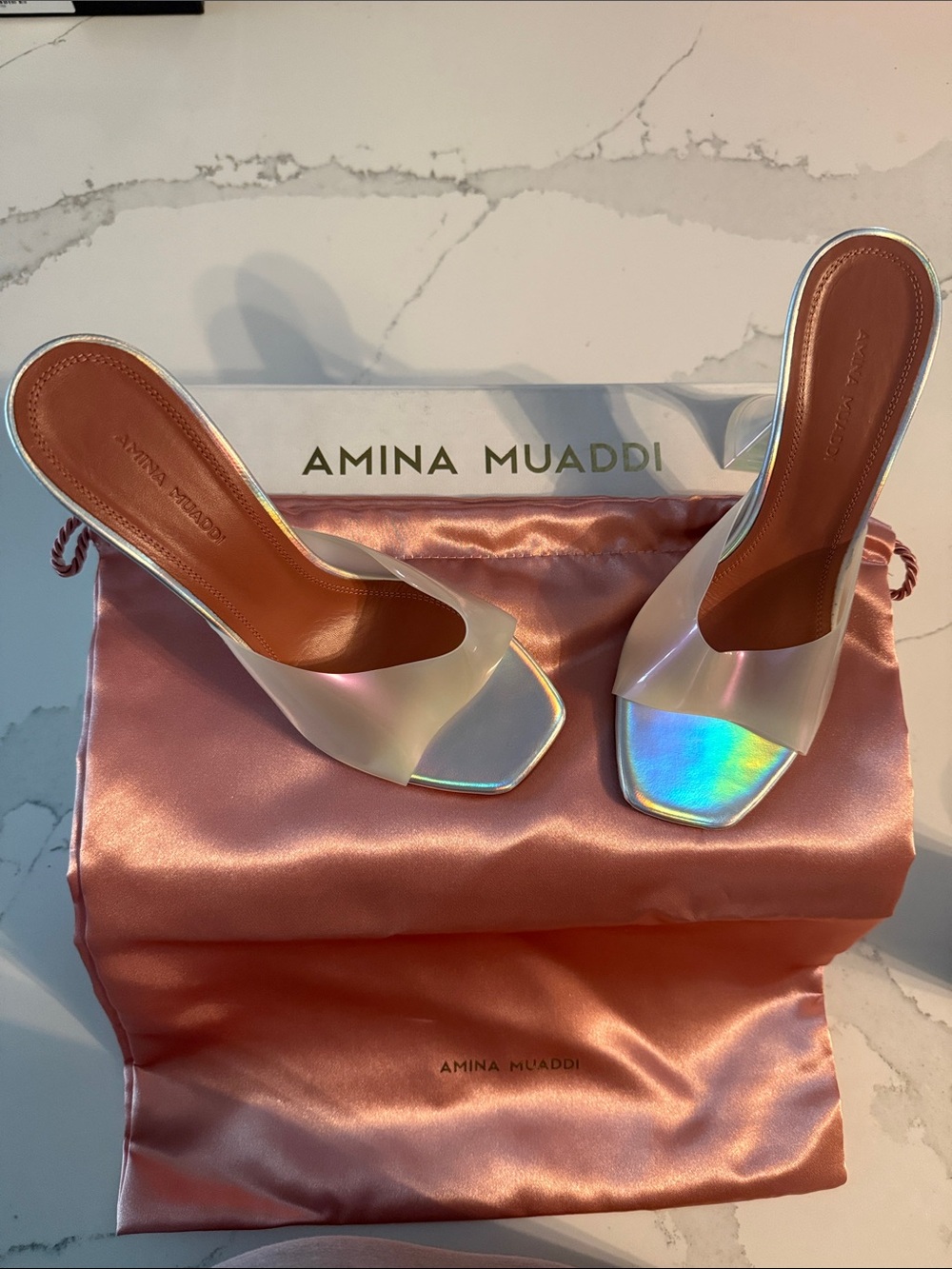 Amina Muaddi Iridescent Pearl Slide Mules